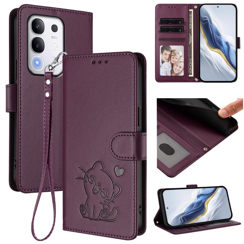 erorex For vivo iQOO Z10x / Y29 4G / T4x / Y300t Embossed  Cat Leather Phone Case with Hand Strap(Dark Purple) - Image 1
