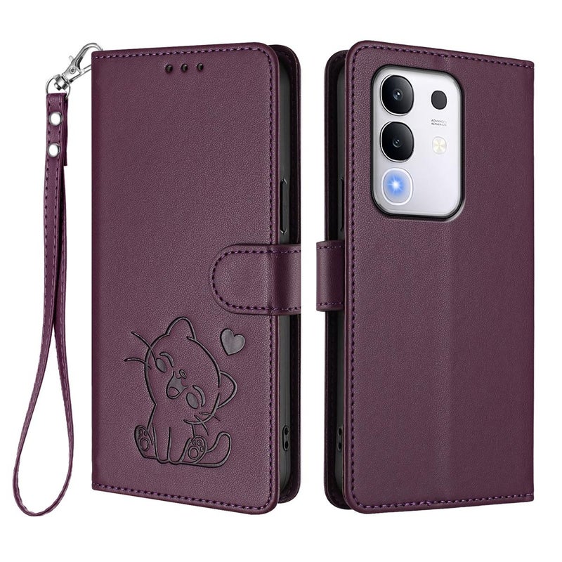 erorex For vivo iQOO Z10x / Y29 4G / T4x / Y300t Embossed  Cat Leather Phone Case with Hand Strap(Dark Purple) - Image 2