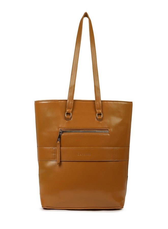 Caprese Macie 16 Inch Large Laptop Compatible Tote Bag for Women | Textured Faux Leather Shoulder Bag with Trolley Sleeve & Zipper Closure | Stylish Office, Work, Travel Handbag (Tan) - Image 5