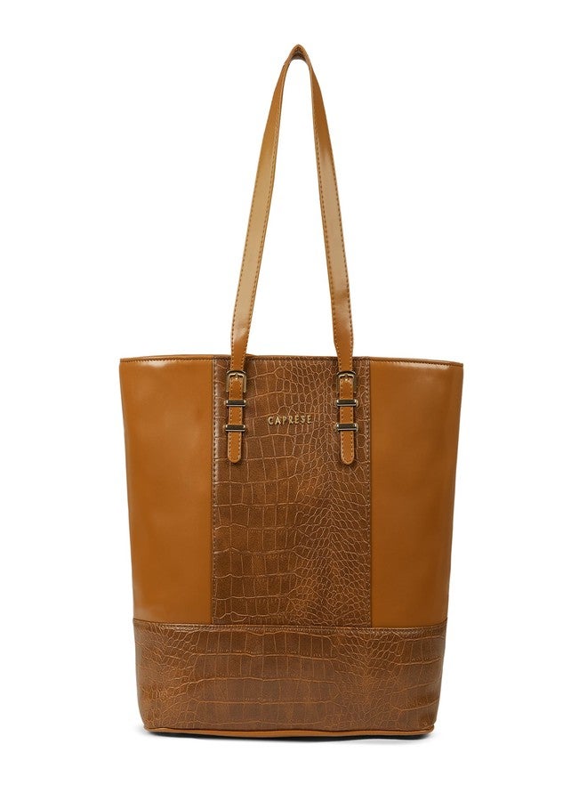 Caprese Macie 16 Inch Large Laptop Compatible Tote Bag for Women | Textured Faux Leather Shoulder Bag with Trolley Sleeve & Zipper Closure | Stylish Office, Work, Travel Handbag (Tan) - Image 1