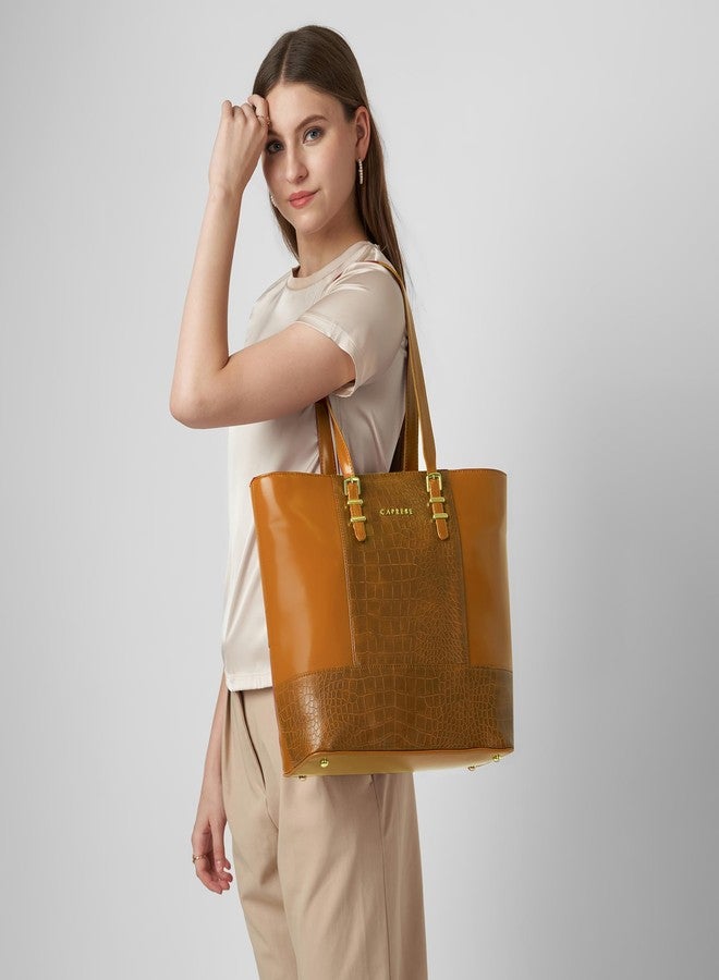 Caprese Macie 16 Inch Large Laptop Compatible Tote Bag for Women | Textured Faux Leather Shoulder Bag with Trolley Sleeve & Zipper Closure | Stylish Office, Work, Travel Handbag (Tan) - Image 2