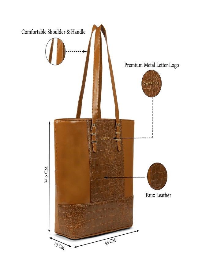 Caprese Macie 16 Inch Large Laptop Compatible Tote Bag for Women | Textured Faux Leather Shoulder Bag with Trolley Sleeve & Zipper Closure | Stylish Office, Work, Travel Handbag (Tan) - Image 3