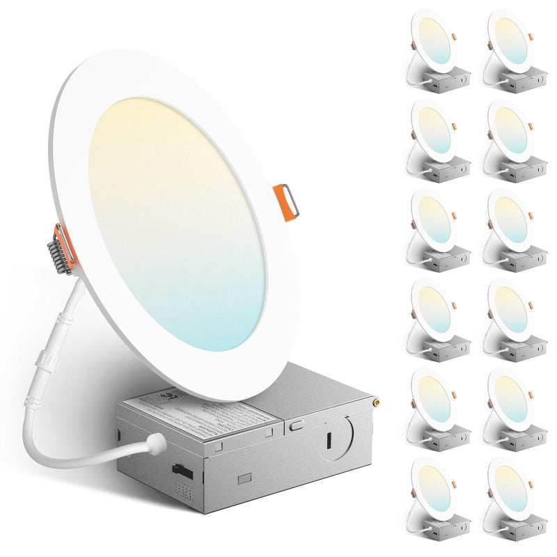 Amico 12 Pack 6 Inch 5CCT Ultra-Thin LED Recessed Ceiling Light with J-Box, 2700K/3000K/3500K/4000K/5000K Selectable, 12W=110W, Dimmable Canless Downlight, 1050LM High Brightness, ETL&FCC - Image 1
