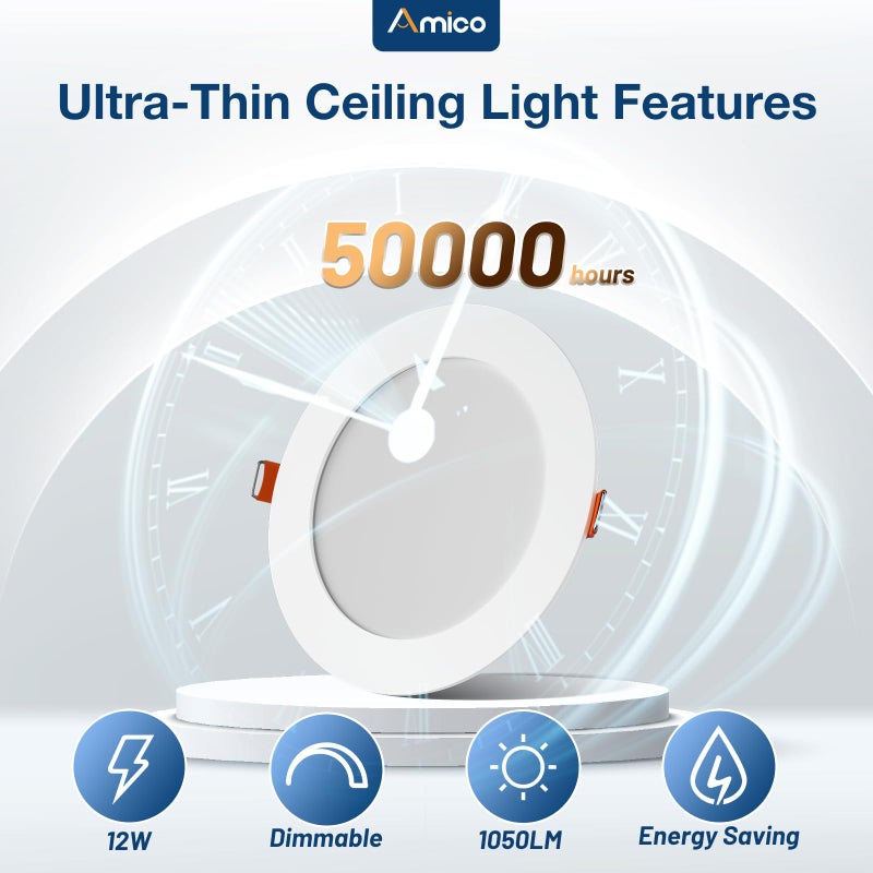 Amico 12 Pack 6 Inch 5CCT Ultra-Thin LED Recessed Ceiling Light with J-Box, 2700K/3000K/3500K/4000K/5000K Selectable, 12W=110W, Dimmable Canless Downlight, 1050LM High Brightness, ETL&FCC - Image 3