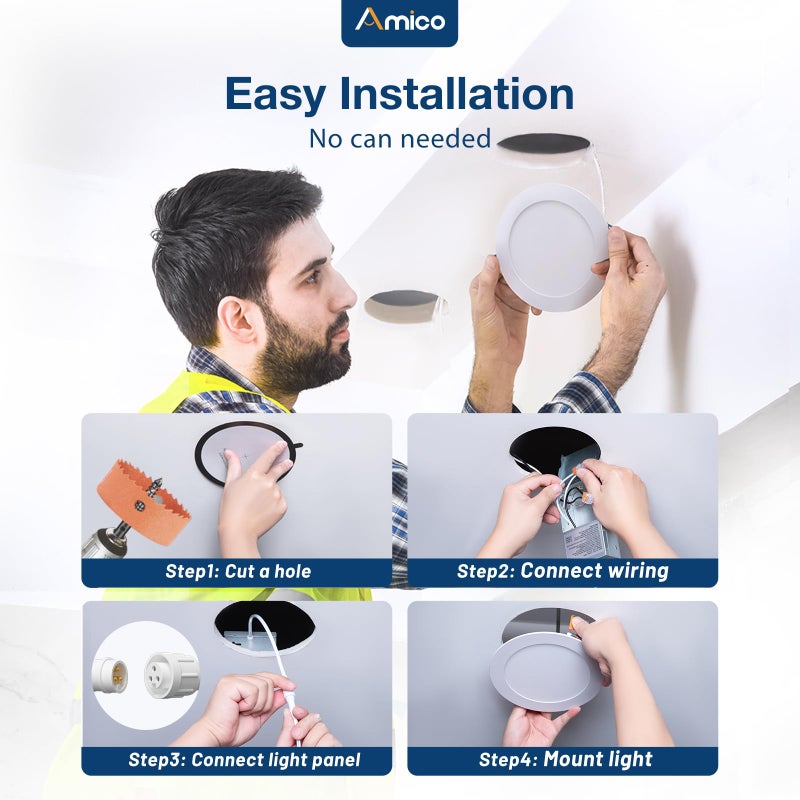 Amico 12 Pack 6 Inch 5CCT Ultra-Thin LED Recessed Ceiling Light with J-Box, 2700K/3000K/3500K/4000K/5000K Selectable, 12W=110W, Dimmable Canless Downlight, 1050LM High Brightness, ETL&FCC - Image 4