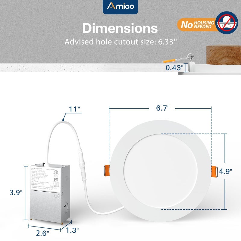 Amico 12 Pack 6 Inch 5CCT Ultra-Thin LED Recessed Ceiling Light with J-Box, 2700K/3000K/3500K/4000K/5000K Selectable, 12W=110W, Dimmable Canless Downlight, 1050LM High Brightness, ETL&FCC - Image 5