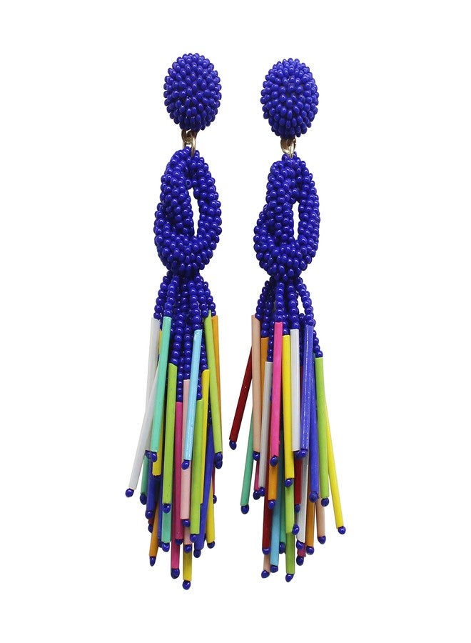 BeadsCorner Handmade Beaded Solid Color Post Statement Earrings for Women All Season 4 inch Long (Blue Multi) - Image 1