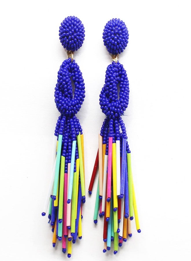BeadsCorner Handmade Beaded Solid Color Post Statement Earrings for Women All Season 4 inch Long (Blue Multi) - Image 2