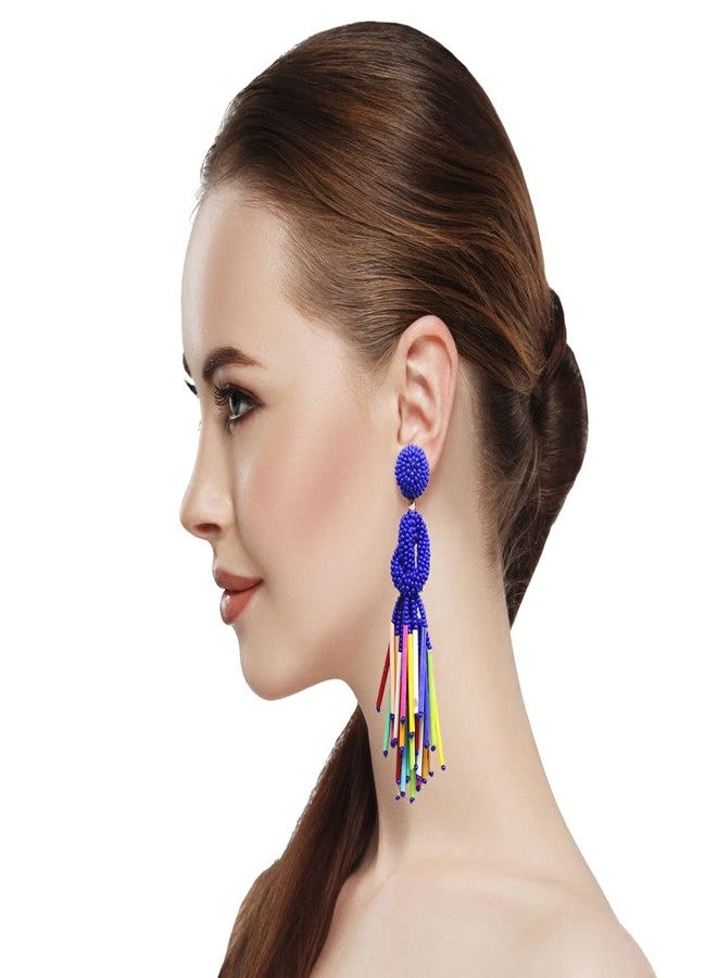 BeadsCorner Handmade Beaded Solid Color Post Statement Earrings for Women All Season 4 inch Long (Blue Multi) - Image 3