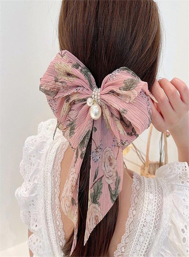 El Regalo Big Bow Floral Hair Clip- Long Ribbon Streamer Super Fairy Fashion Hair Accessories Head Hairpin Headdress Hair accessories for Girls/Women (Pink Shade) - Image 2