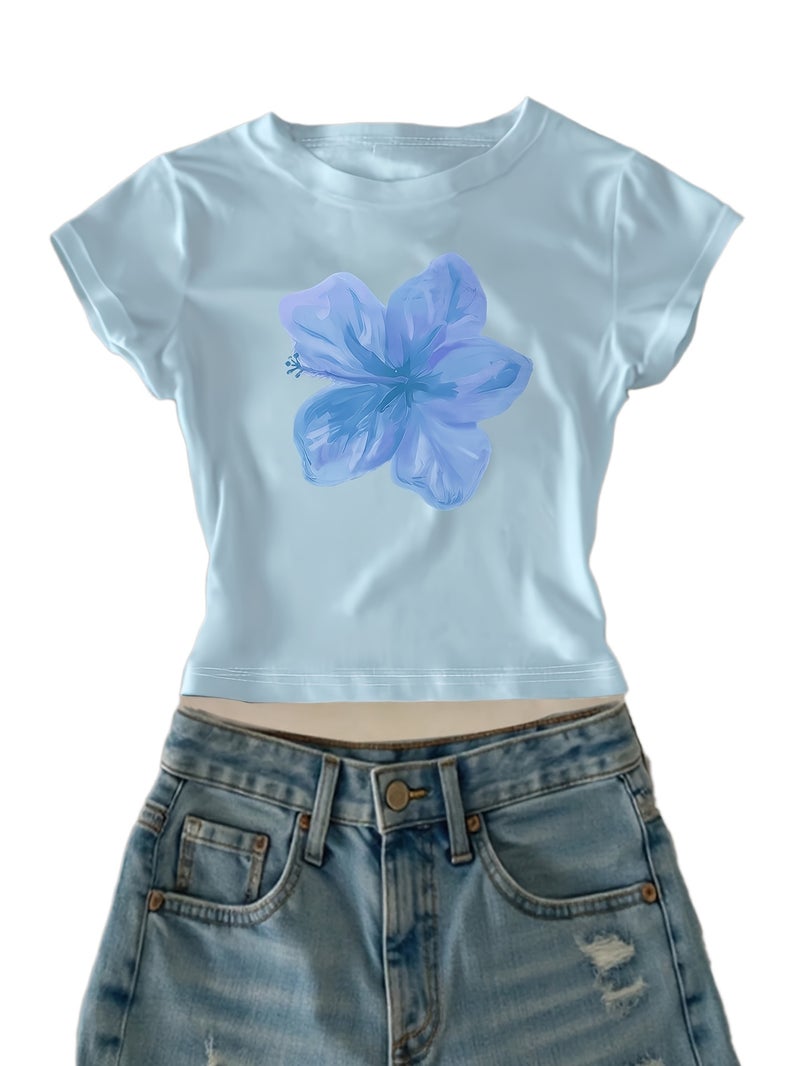 00008 - Women's Casual Top with Large Petal Print, Girly Heart, Ins - Style American Fashion, Versatile T - Shirt, New Summer Trendy Short Sleeve - CC73 - Light Blue / XS - Image 1