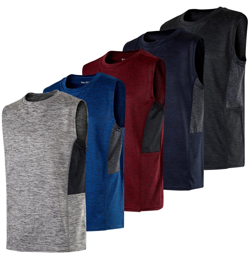 Real Essentials 5 Pack Boys Active Quick Dry Fit Tanks Tops Shirts Boy Tshirts Kids Muscle Tees Summer Sleeveless Sports Gym Workout Running Athletic Undershirt Breathable Hiking Set 8M1012