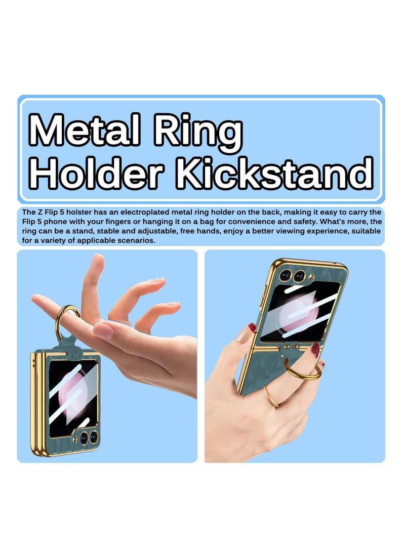 Excefore Leather Phone Case with Metal Ring Holder Stand Compatible with Galaxy Z Flip 5, Fashion Rhombic Mobile Phone Protector Cover with Golden Frame for Samsung Flip5 - Image 4