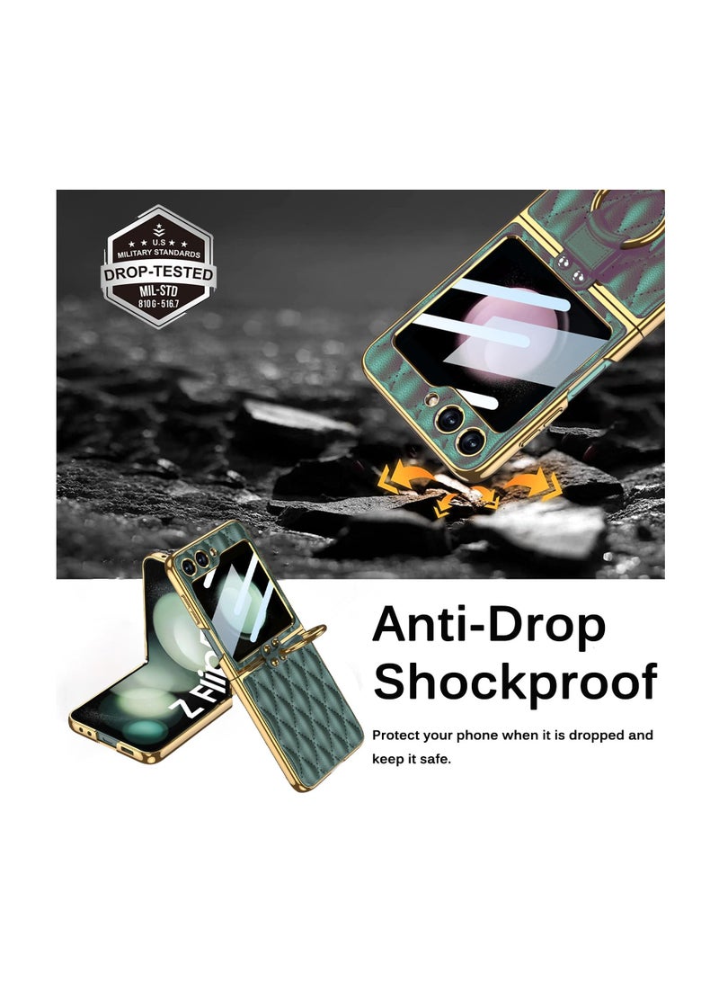 Excefore Leather Phone Case with Metal Ring Holder Stand Compatible with Galaxy Z Flip 5, Fashion Rhombic Mobile Phone Protector Cover with Golden Frame for Samsung Flip5 - Image 3