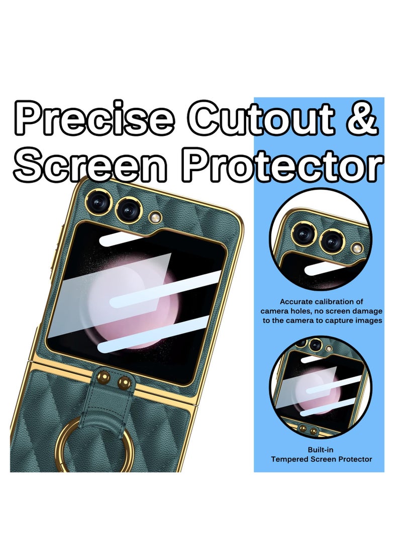 Excefore Leather Phone Case with Metal Ring Holder Stand Compatible with Galaxy Z Flip 5, Fashion Rhombic Mobile Phone Protector Cover with Golden Frame for Samsung Flip5 - Image 5