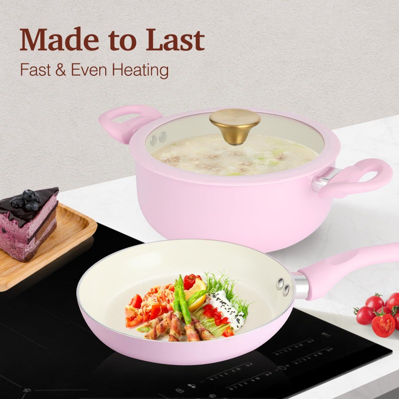 M MELENTA Pots and Pans Set Non Stick, Pink Ceramic Cookware Set, 11-Piece Induction Cookware, Non Toxic Healthy Kitchen Cooking Set, Gold Knobs Lids, Stay-Cool Handles - Image 4