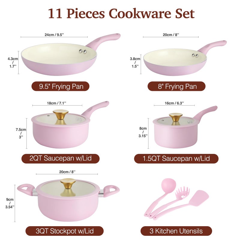 M MELENTA Pots and Pans Set Non Stick, Pink Ceramic Cookware Set, 11-Piece Induction Cookware, Non Toxic Healthy Kitchen Cooking Set, Gold Knobs Lids, Stay-Cool Handles - Image 2