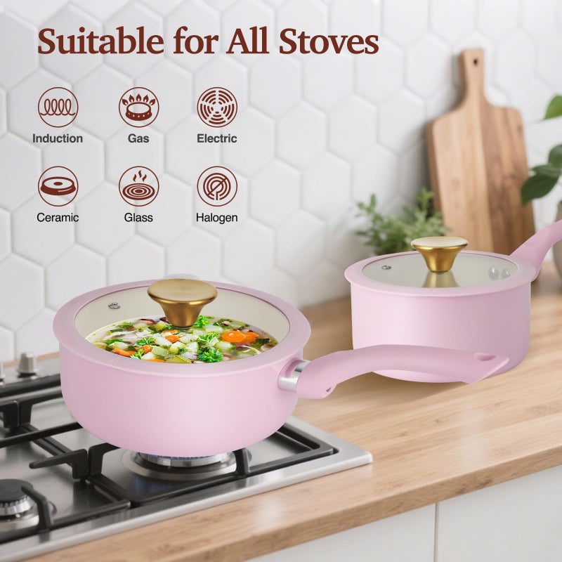 M MELENTA Pots and Pans Set Non Stick, Pink Ceramic Cookware Set, 11-Piece Induction Cookware, Non Toxic Healthy Kitchen Cooking Set, Gold Knobs Lids, Stay-Cool Handles - Image 5