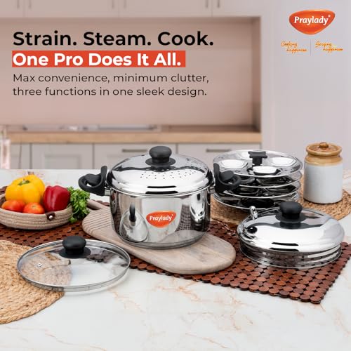 Praylady Strainer Pro Max 4.2L | 304 Grade Stainless Steel | Triply Bottom | Multi-Purpose Pot — Idli Cooker, Pasta Pot, Rice Cooker | 16 Idli Capacity | Induction & Gas Compatible. - Image 3