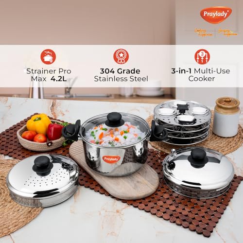 Praylady Strainer Pro Max 4.2L | 304 Grade Stainless Steel | Triply Bottom | Multi-Purpose Pot — Idli Cooker, Pasta Pot, Rice Cooker | 16 Idli Capacity | Induction & Gas Compatible. - Image 4