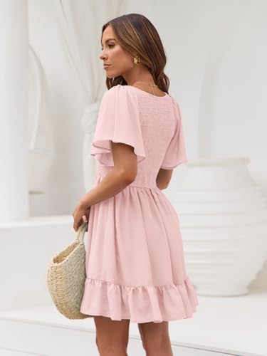 LILLUSORY Women's Flowy Casual Mini Dresses 2024 Summer Smocked V Neck Flutter Sleeve Graduation Dress with Pockets LightPink L - Image 5