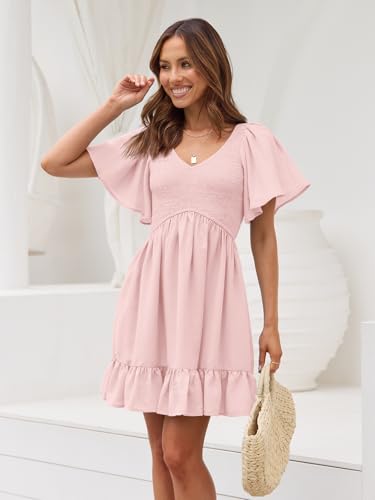 LILLUSORY Women's Flowy Casual Mini Dresses 2024 Summer Smocked V Neck Flutter Sleeve Graduation Dress with Pockets LightPink L - Image 3