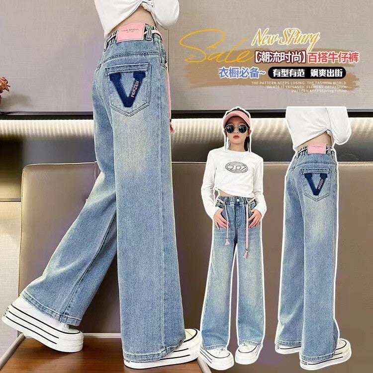 Little Girl Denim Workwear Wide Leg Pants Middle And Large Children'S Loose Pants Girls' Straight Leg Pants - Image 3
