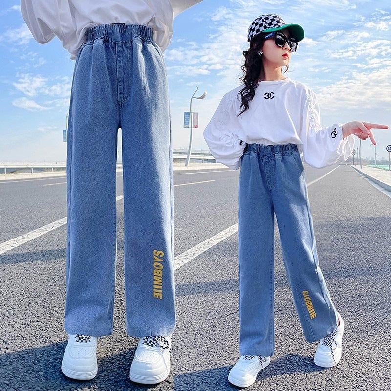Little Girl Denim Workwear Wide Leg Pants Middle And Large Children'S Loose Pants Girls' Straight Leg Pants - Image 1