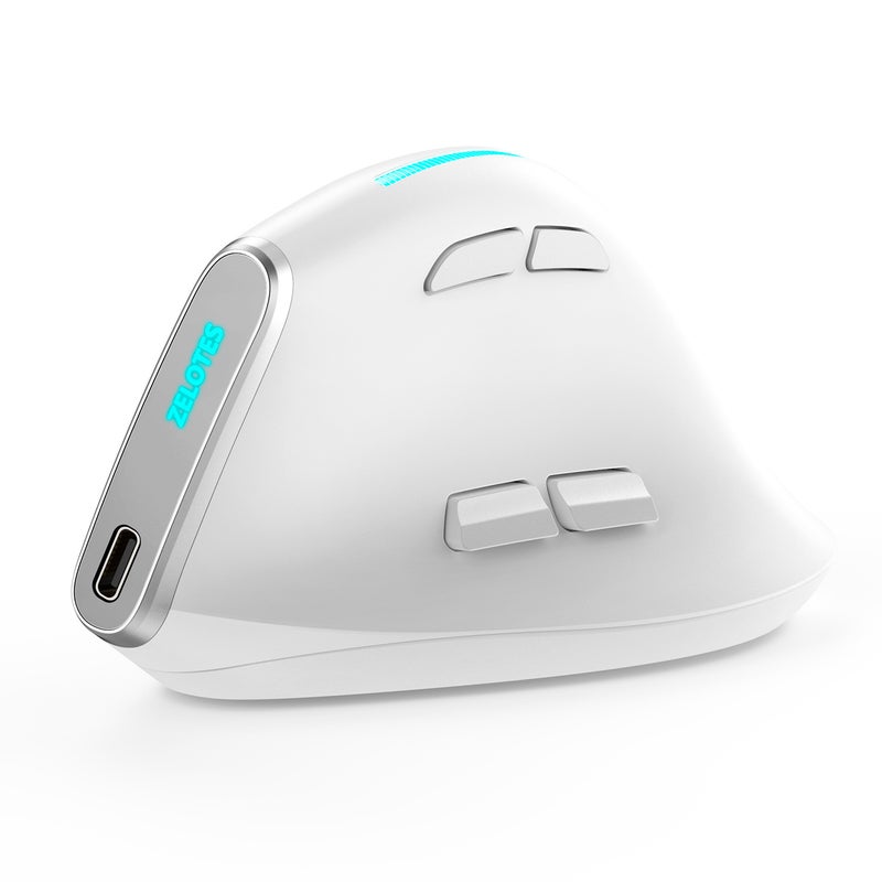ZELOTES F36 Ergonomic Vertical Mouse Rechargeable Bluetooth Programmable White White
