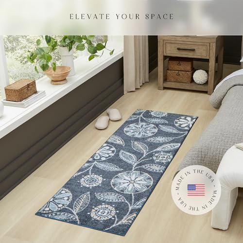 Maples Rugs Reggie Floral Runner Rug - Made in USA - Washable, Non Slip Indoor Carpet for Kitchen, Hallway, and Laundry Room, 2' x 6', Persian Blue - Image 2