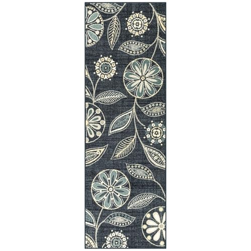 Maples Rugs Reggie Floral Runner Rug - Made in USA - Washable, Non Slip Indoor Carpet for Kitchen, Hallway, and Laundry Room, 2' x 6', Persian Blue - Image 1