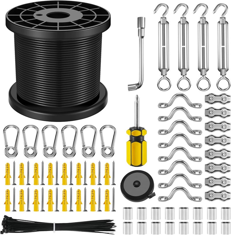 Nereus String Light Hanging Kit with 164 Ft Vinyl Coated 304 Stainless Steel Cable, String Light Suspension Kit, Guide Wire with Turnbuckles and Hooks for Patio, Backyard Lighting Accessories - Image 1