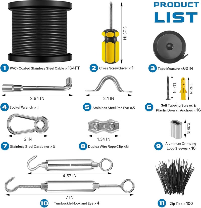 Nereus String Light Hanging Kit with 164 Ft Vinyl Coated 304 Stainless Steel Cable, String Light Suspension Kit, Guide Wire with Turnbuckles and Hooks for Patio, Backyard Lighting Accessories - Image 2