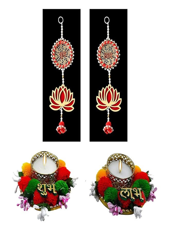 Saugat Traders Lotus Hanging Shubh Labh with Set of 2 Tealight Candle Holders for Diwali Decoration - Home Decoration-Mandir-Temple - Deepawali - - Image 1