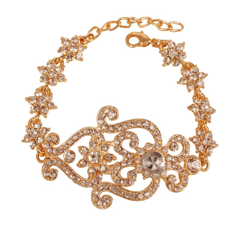 Touchstone جديد! اختيار بوليوود الهندي من تاتشستون، حرفية استثنائية، تصميم مزهري مذهل، أسلوب مرصع بالأحجار الكريمة، سوار كبير بلون الذهب للنساء. - Image 1