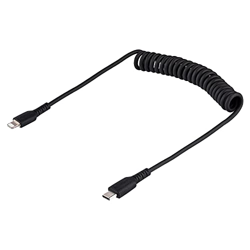 StarTech.com 1m (3ft) USB C to Lightning Cable, MFi Certified, Coiled iPhone Charger Cable, Black, Durable TPE Jacket Aramid Fiber, Heavy Duty Coil Lightning Cable (RUSB2CLT1MBC) - Image 2
