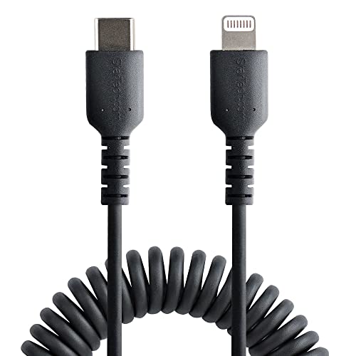 StarTech.com 1m (3ft) USB C to Lightning Cable, MFi Certified, Coiled iPhone Charger Cable, Black, Durable TPE Jacket Aramid Fiber, Heavy Duty Coil Lightning Cable (RUSB2CLT1MBC) - Image 3