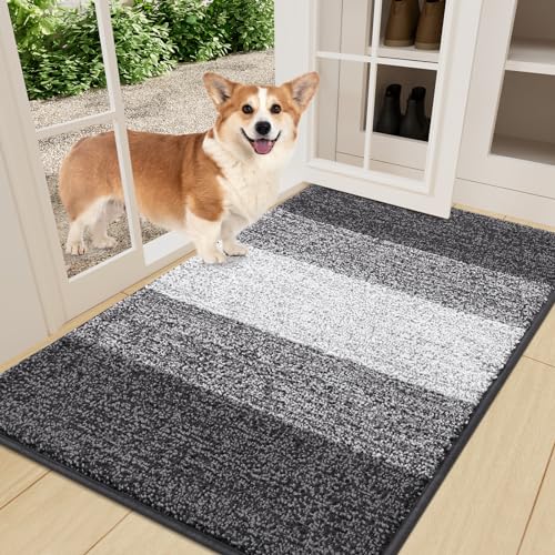 Smiry Dog Door Mat for Muddy Paws Absorbs Moisture and Dirt LowProfile Entryway Mat with NonSlip Backing Entry Indoor Outdoor Doormat for Inside Floor 36x24 Inches Grey Striped