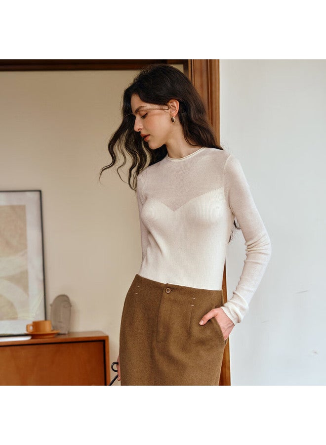 Olrain Eurier Solid Color Half Turtleneck Thin Knit Sweater Women Autumn New Simple Slightly Sheer Top Apricot XL - Image 2