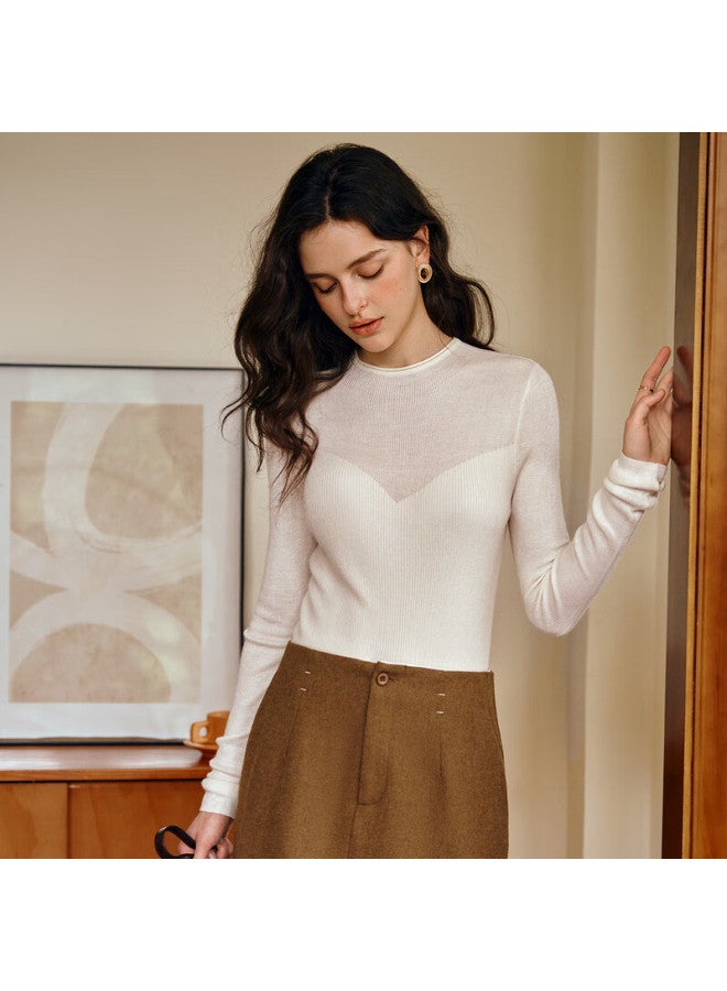 Olrain Eurier Solid Color Half Turtleneck Thin Knit Sweater Women Autumn New Simple Slightly Sheer Top Apricot XL - Image 1