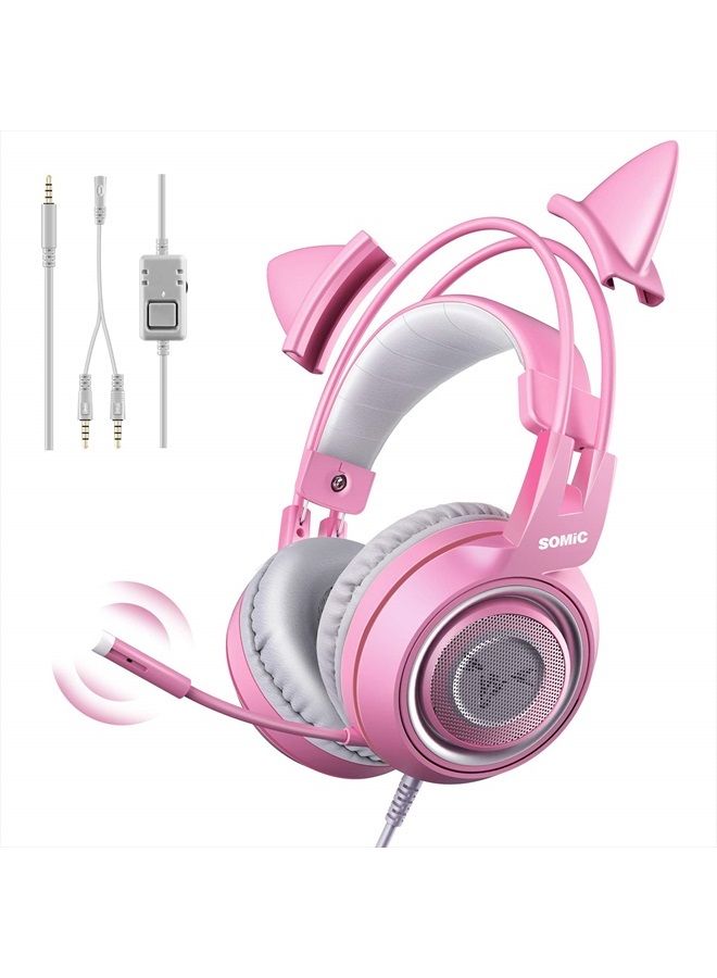 Somic G951s Pink Stereo Gaming Headset with Mic for PS4,Xbox,PC,Mobile Phone,3.5mm Noise Reduction Cat Ear Headphones Lightweight Over Ear Headphones - Image 1