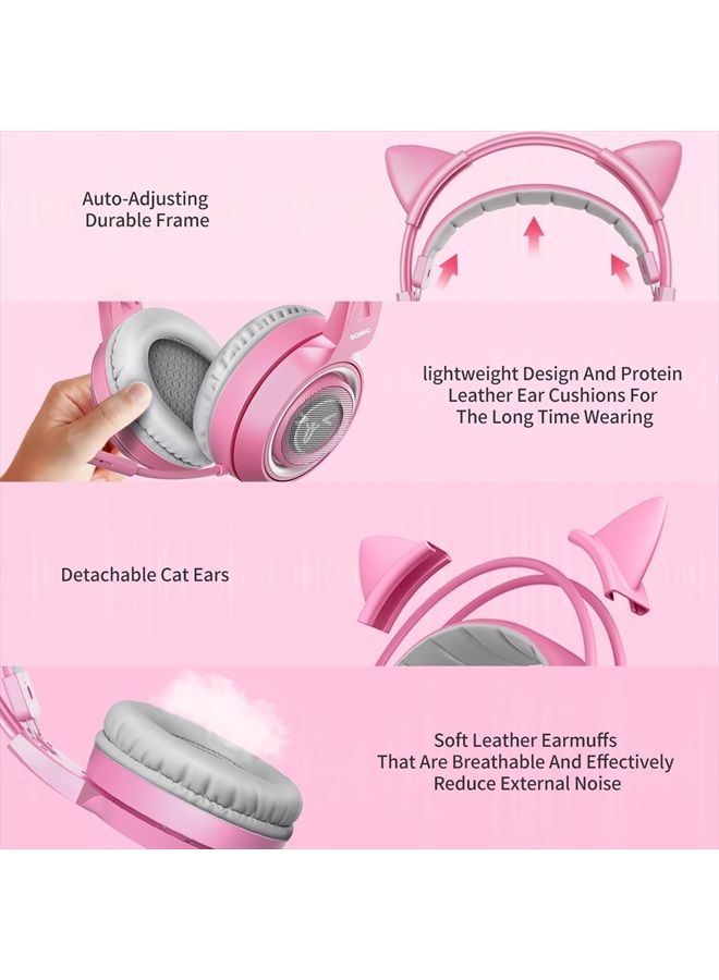Somic G951s Pink Stereo Gaming Headset with Mic for PS4,Xbox,PC,Mobile Phone,3.5mm Noise Reduction Cat Ear Headphones Lightweight Over Ear Headphones - Image 4