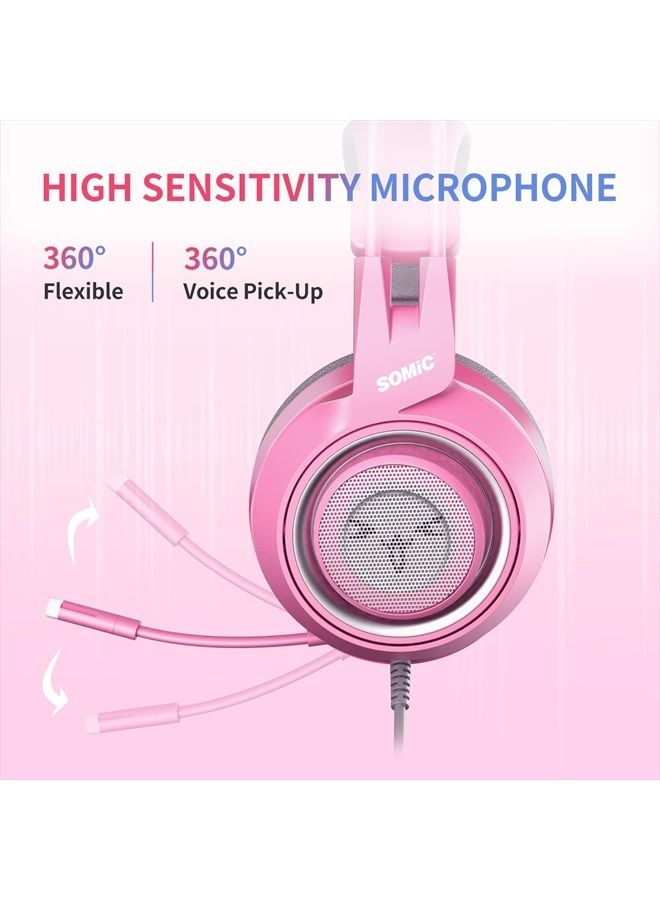 Somic G951s Pink Stereo Gaming Headset with Mic for PS4,Xbox,PC,Mobile Phone,3.5mm Noise Reduction Cat Ear Headphones Lightweight Over Ear Headphones - Image 3