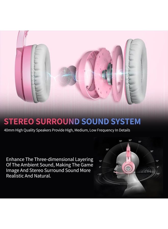 Somic G951s Pink Stereo Gaming Headset with Mic for PS4,Xbox,PC,Mobile Phone,3.5mm Noise Reduction Cat Ear Headphones Lightweight Over Ear Headphones - Image 2