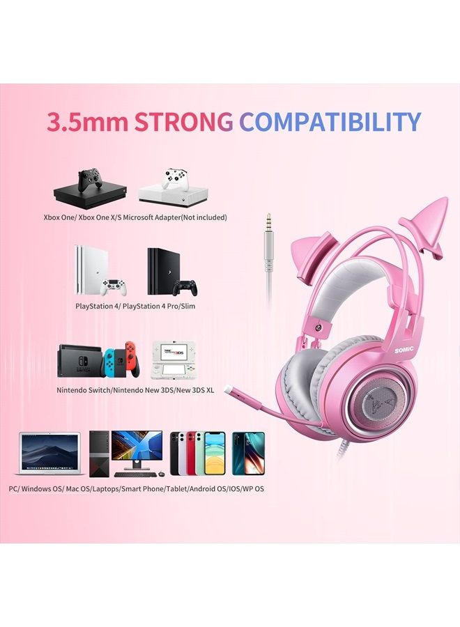Somic G951s Pink Stereo Gaming Headset with Mic for PS4,Xbox,PC,Mobile Phone,3.5mm Noise Reduction Cat Ear Headphones Lightweight Over Ear Headphones - Image 5