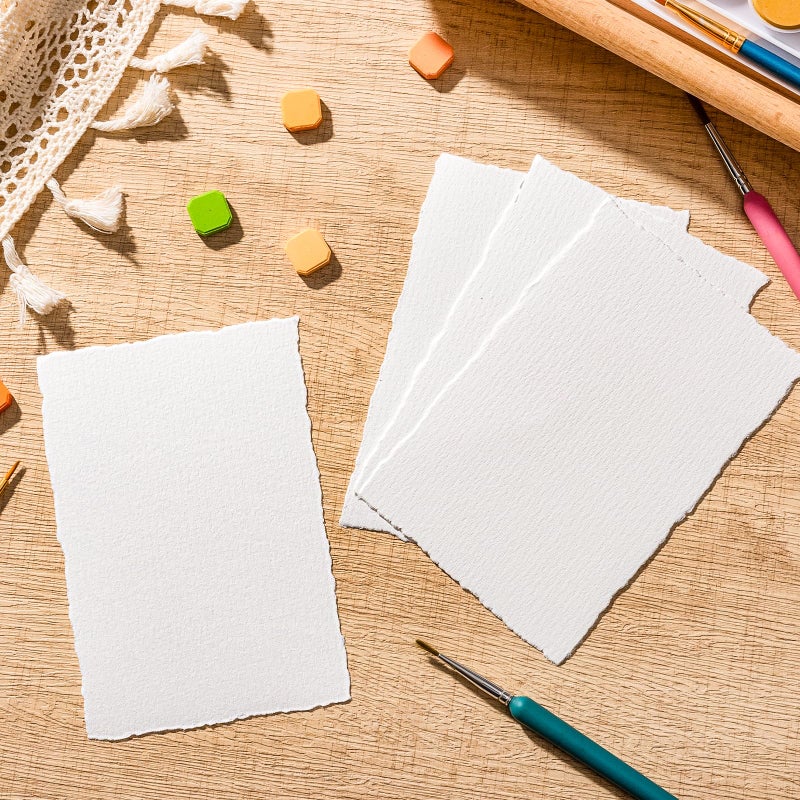 Prudiut 100 Sheets Watercolor Paper 4 x 6inch, 300 GSM Deckled Edge Paper Rough/Textured Handmade Paper for Watercolors, Wedding Invitations, Cards, Crafts - Image 4