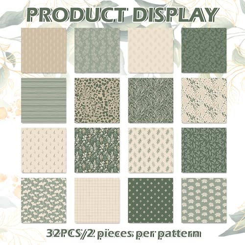 JarThenaAMCS 32Pcs Sage Green Floral Cotton Fabric Bundles 10 x 10 Inch Greenery Fabric Squares Eucalyptus Leaves Sewing Fabrics for DIY Craft Party Decor - Image 2