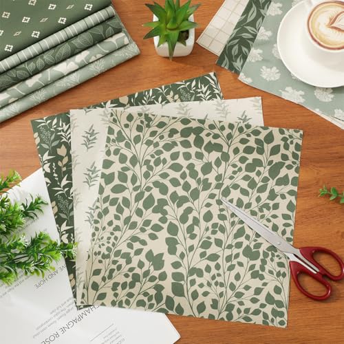 JarThenaAMCS 32Pcs Sage Green Floral Cotton Fabric Bundles 10 x 10 Inch Greenery Fabric Squares Eucalyptus Leaves Sewing Fabrics for DIY Craft Party Decor - Image 4