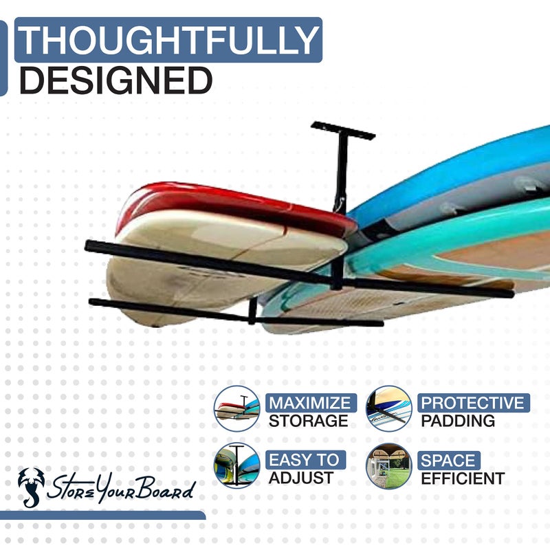 StoreYourBoard Standup Paddle Board and Surfboard Garage Storage Rack - Adjustable Ceiling Mount Hanger for SUP Storage, Heavy Duty Overhead Paddleboard Organizer for Garage, Space Saving Rack, Double - Image 1