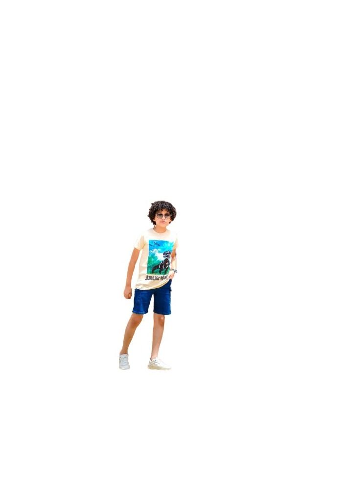 Alice set for boys consists of an off-white Tshirt and Dark Blue shorts 